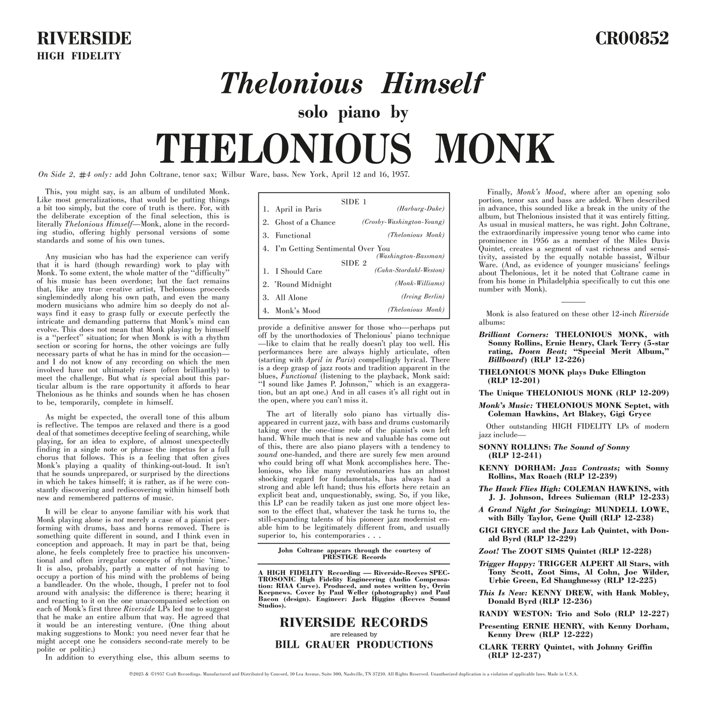 (Pre Order) Thelonious Monk - Thelonious Himself - OJC LP *