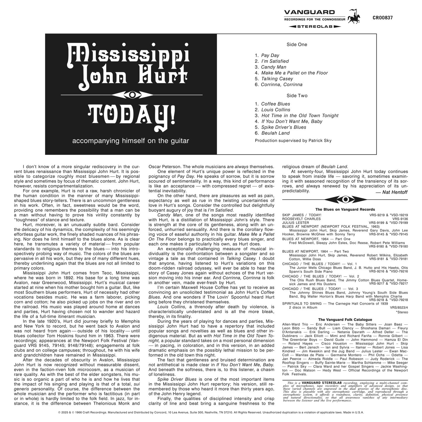 (Pre Order) Mississippi John Hurt - Today! - Bluesville Acoustic Sound Series LP *