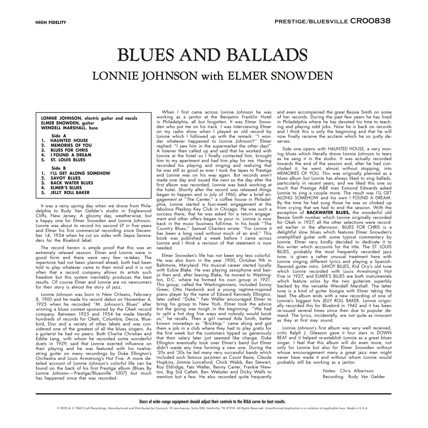 (Pre Order) Lonnie Johnson - Blues & Ballads - Bluesville Acoustic Sound Series LP *