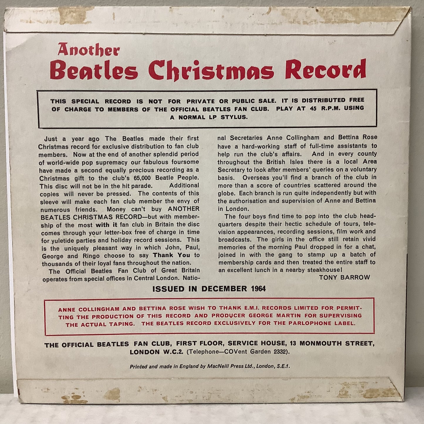 The Beatles - Another Beatles Christmas Record - 1964 Fan Club Flexi