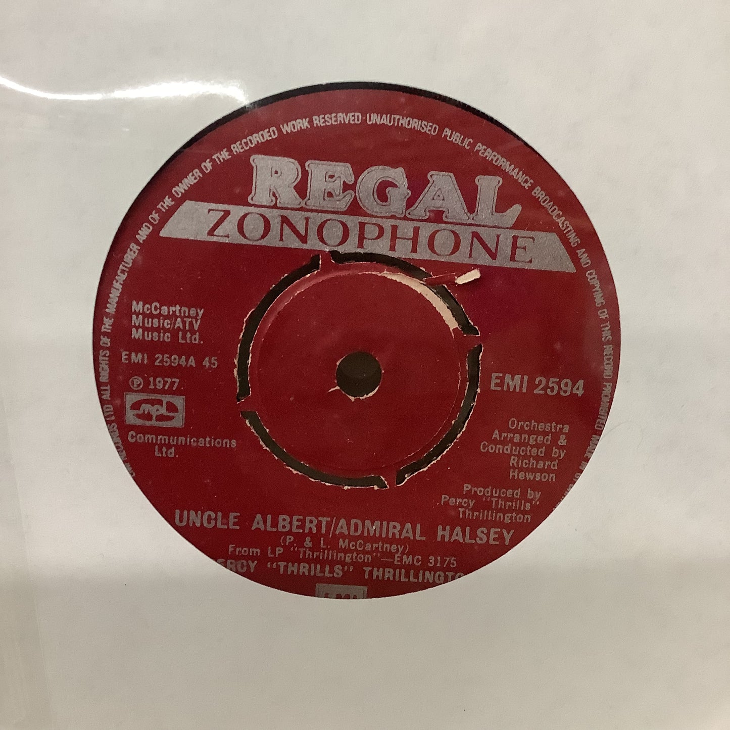 Paul McCartney as Percy "Thrills" Thrillington - Eat At Home b/w Uncle Albert/Admiral Halsey - Regal Zonophone Promo 7"